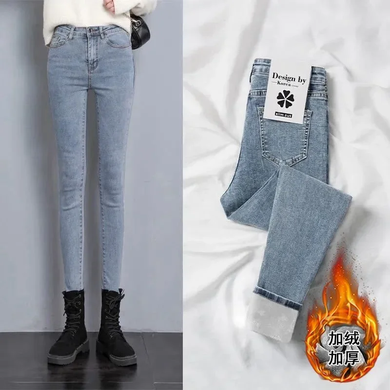 Frühling Herbst und Winter Skinny Warme Jeans Frauen Samt Knöchel Länge Casual Dicke Bleistift Hosen Grundlegende Fleece Denim Hosen