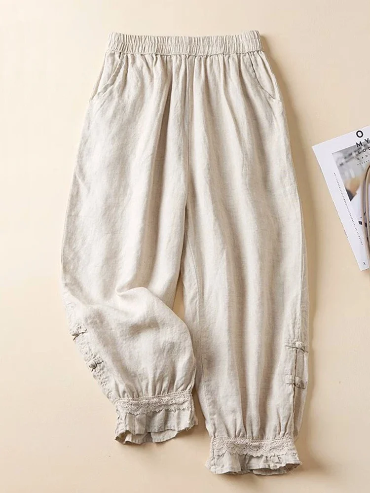 

Literary Retro Buttons Cotton Bloomers 2023 New Autumn Winter High Waist Slim Thin Trousers Casual Loose Harem Pants for Women