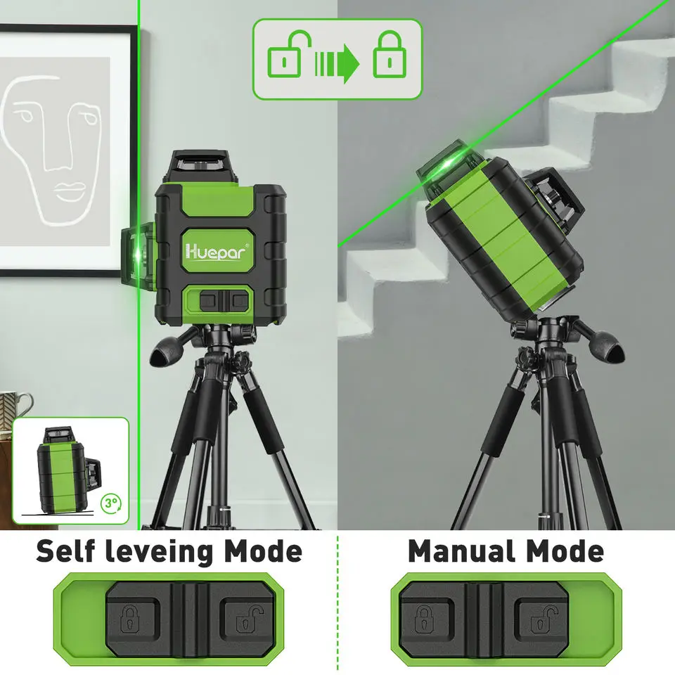 Huepar 3D Cross Line Laser Level Rechargeable Self-leveling Green Laser Tool With Li-ion Battery & Pulse Mode & Hard Case HM03CG