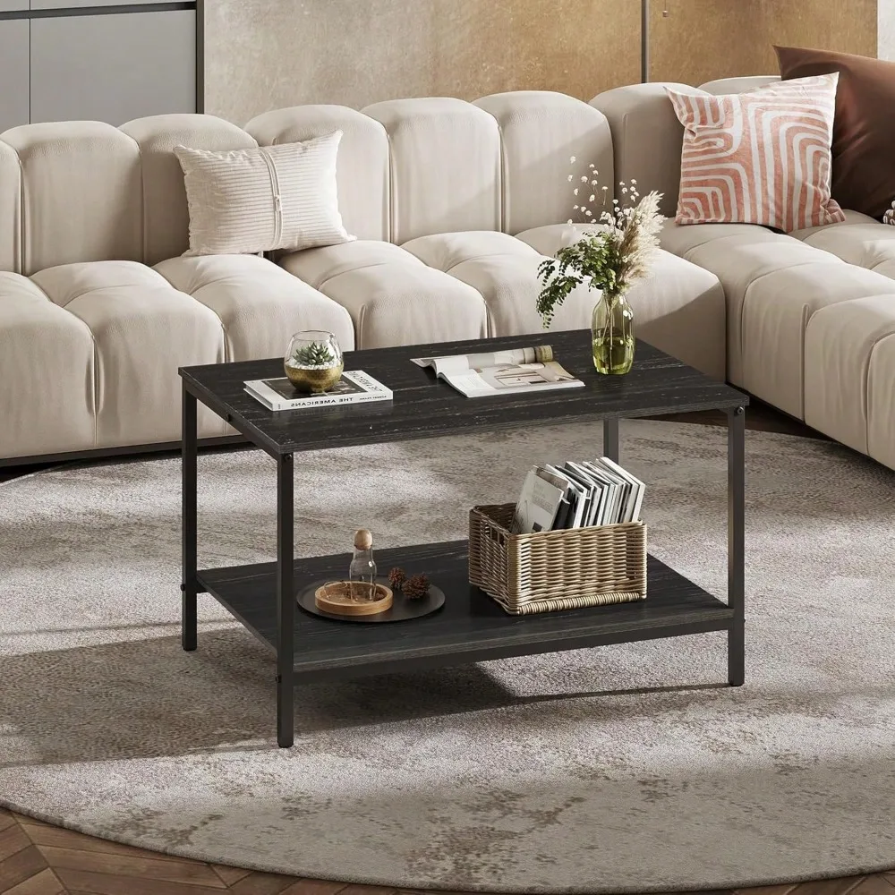 Small Coffee Table For Living Room, 31.3" Modern Industrial Coffee Table With Storage Shelf & Metal Frame, 2-Tier Wood Center Ta