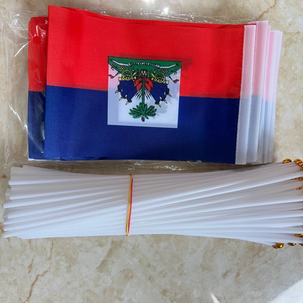 Haiti Hand Flag 14x21cm polyester Haiti  Hand waving Flag with plastic flagpole for decoration