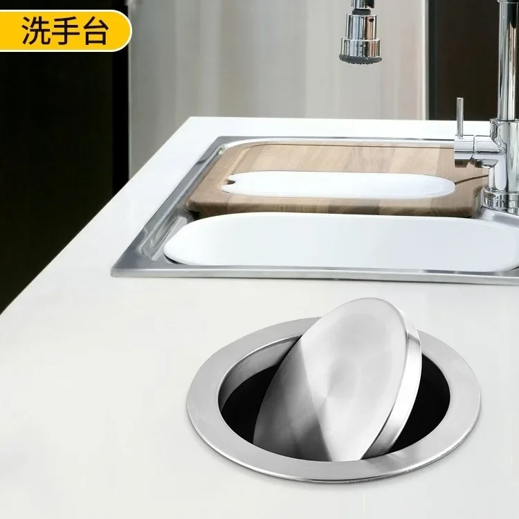 Countertop recessed stainless steel trash can flap rocking cover pop cover decorate kitchen bathroom brushed square
