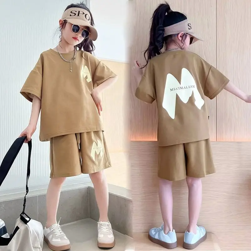 Summer Girls Alphabet T-Shirt Tops+Drawstring Shorts Pant Workout Sets School Kids 2PCS Tracksuit Children Jogging Outfit 5-16Yr