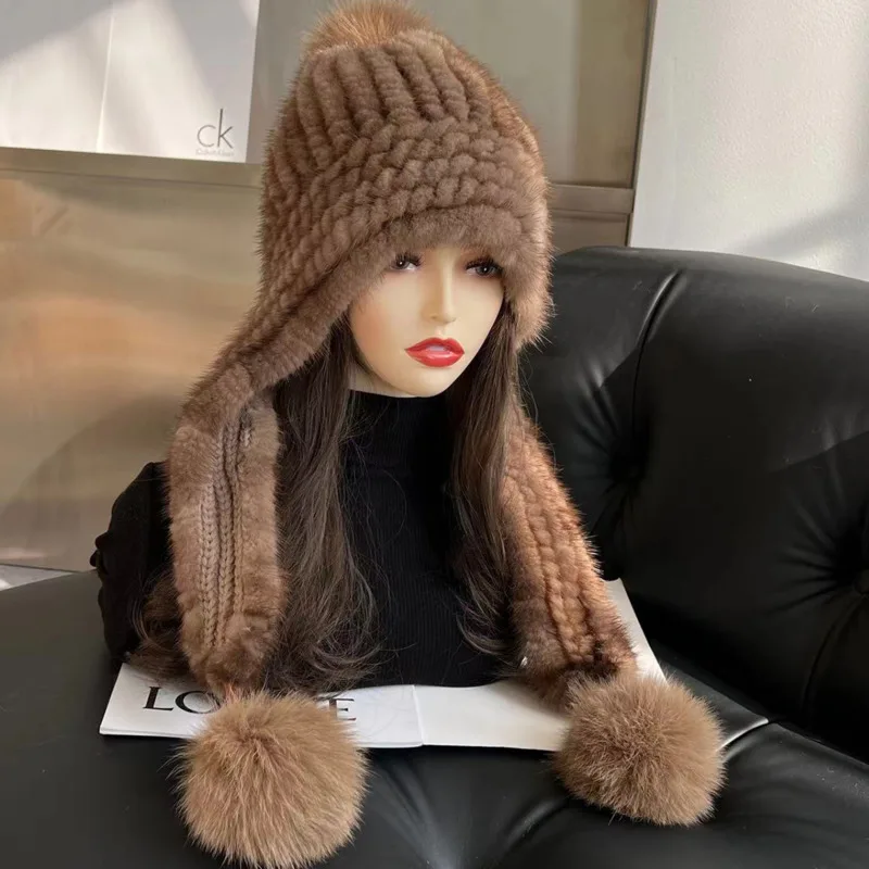 Real Mink Fur Scarf Hat Thickened Wind And Snow Hat Warmth Ear Protection Fur Hat Winter Keep Warm Women Natural Fur Bomber Hat