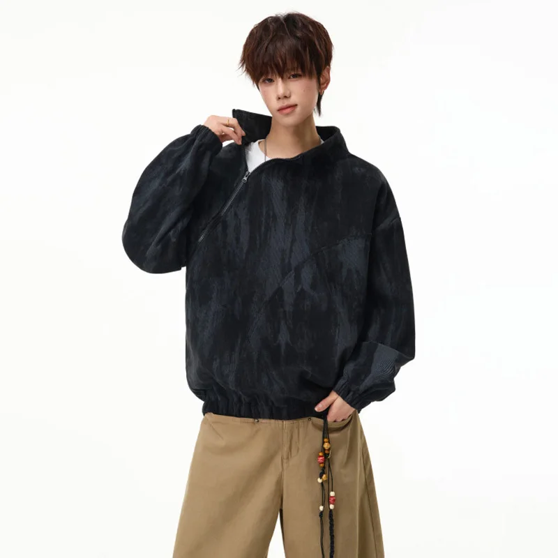 LUZHEN 2026 New Original Tie-dyed Design Slant Zipper Placket Casual Sweatshirt Men's Fashion Korean Handsome Pullover JY9416