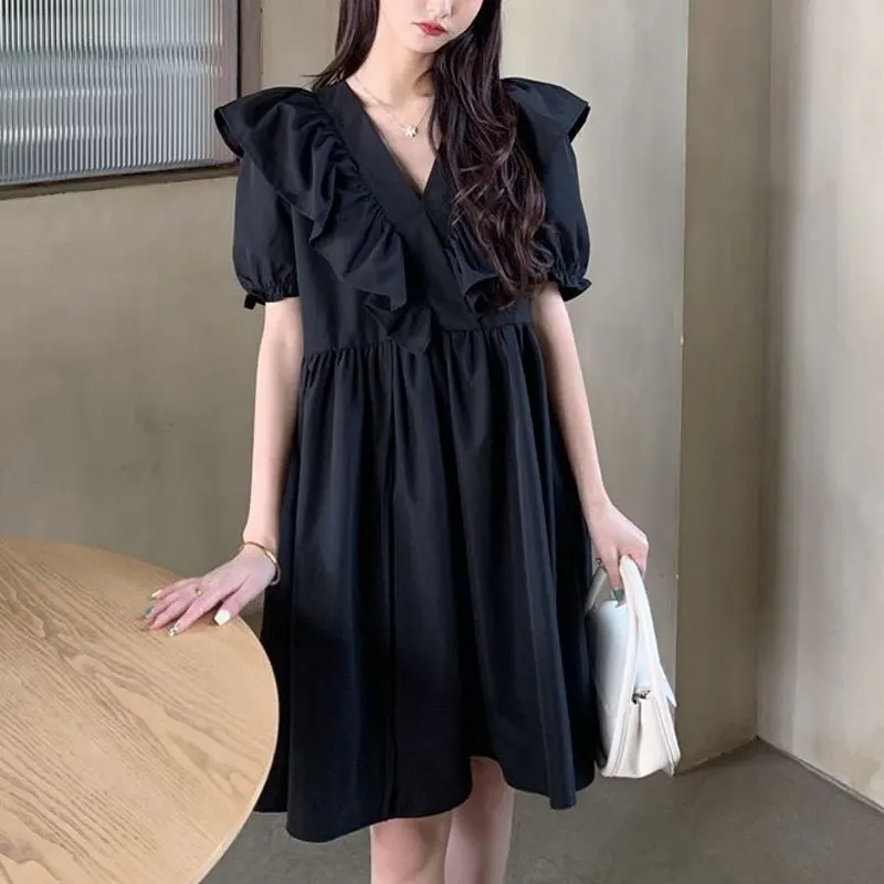 Stylish Ruffles Spliced Loose Dresses Solid Color Women\'s Clothing Casual V-Neck Summer New Short Sleeve Sweet A-Line Midi Dress