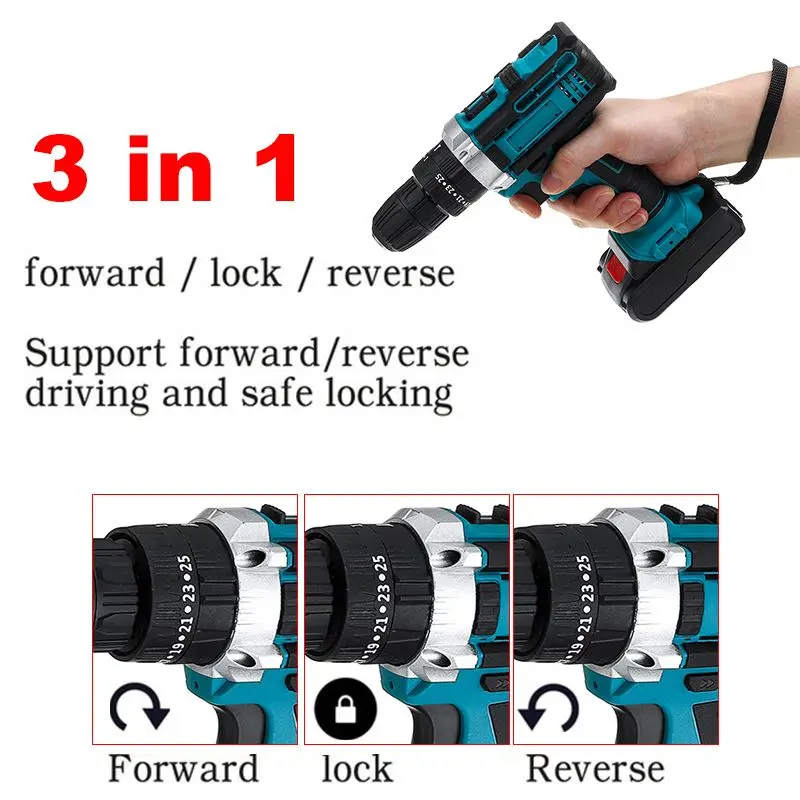 21V Cordless Impact Drill Electric Screwdriver Dual Speed 25+3 Torque Power Driver With 1/2pcs Rechargeable Lithium-Ion Battery