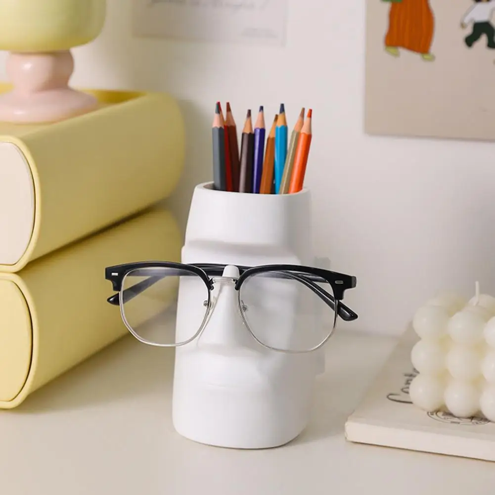 Statue Glasses Holder Stone Texture Eyeglass Stand Abstract Face Statue Eyeglass Holder Pen Organizer Modern Art Desk for Office