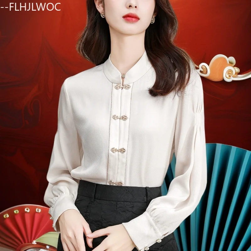 

Популярные винтажные топы в китайском стиле с воротником-стойкой в стиле чи-пао, Новый год 2026, женские милые элегантные базовые рубашки в стиле ретро для девочек, блузки