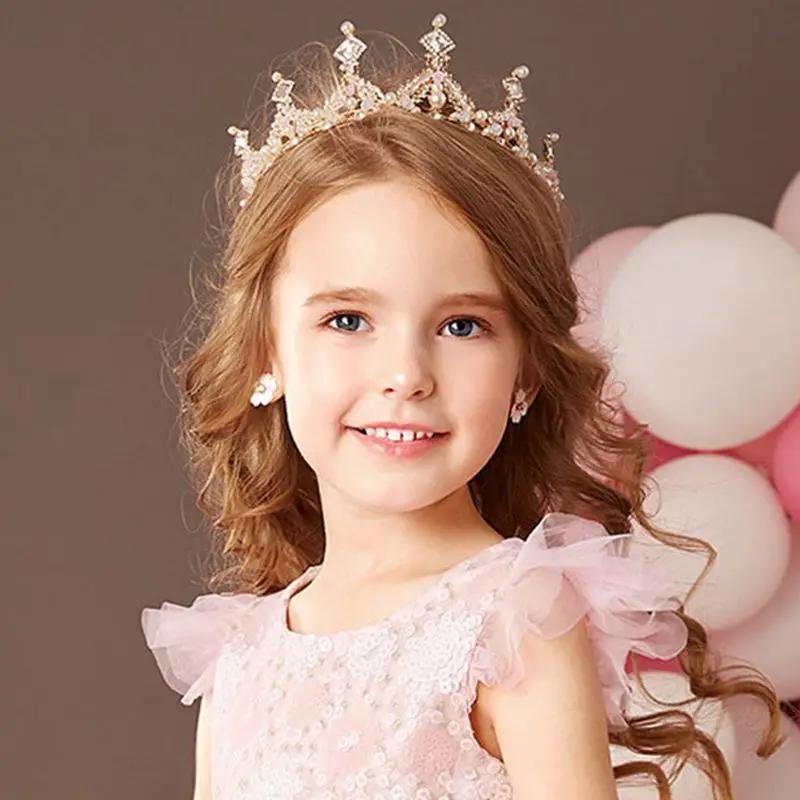 

Gold Alloy Crystal Rhinestone Tiara Pearl Kids Crown Hair Ornaments Headband Children Tiara Hair Jewelry Party Headpiece