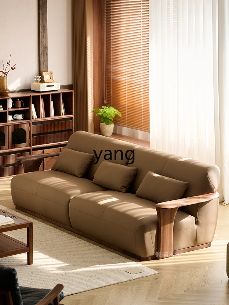 LMM1 black walnut solid wood leather sofa medium and ancient style home light luxury living room floor sofa