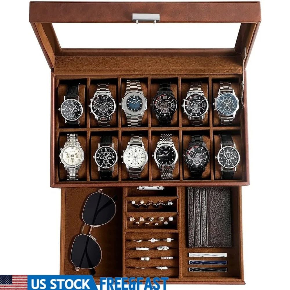 

12 Slot Watch Box Organizer with Real Glass Lid Synthetic Leather Storage Case Men Jewelry Cufflinks Bracelets Valentine's Gift