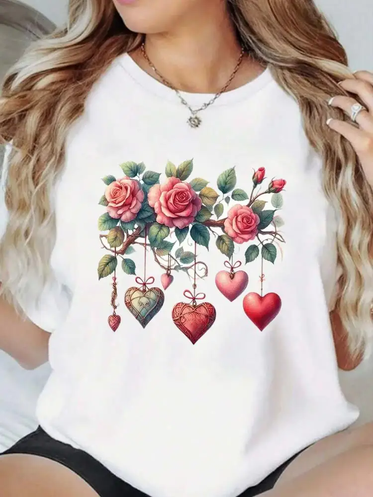 T-shirt a maniche corte Popolare Casual Donna T-shirt grafiche Moda Amore Tendenza Fiore Abiti carini Stampa T-shirt con o-collo