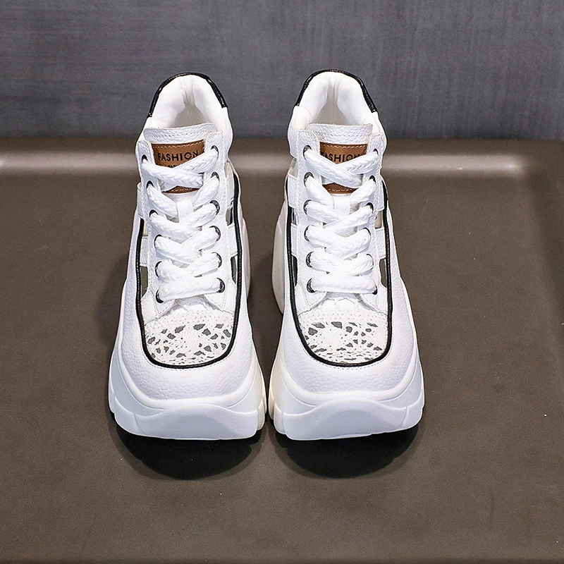 

8CM Hollow Summer Wedge Heels Leather Sneakers Women High Platform Beach Shoes Casual Breathable Walking zapatillas de mujer