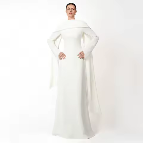 Customized Modest Evening Dresses Long Sleeves O Neck A Line Women's Evening Gowns With Shawl Pearls Elegant Wedding Party Dress