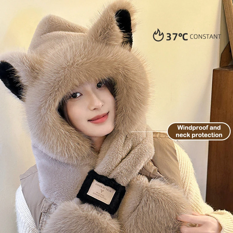 السيدات لي فنغ قبعة أفخم لطيف الثعلب الأذن قبعة وشاح المرأة الخريف والشتاء قطعتين مجموعة مقنعين وشاح للدراجات الدفء