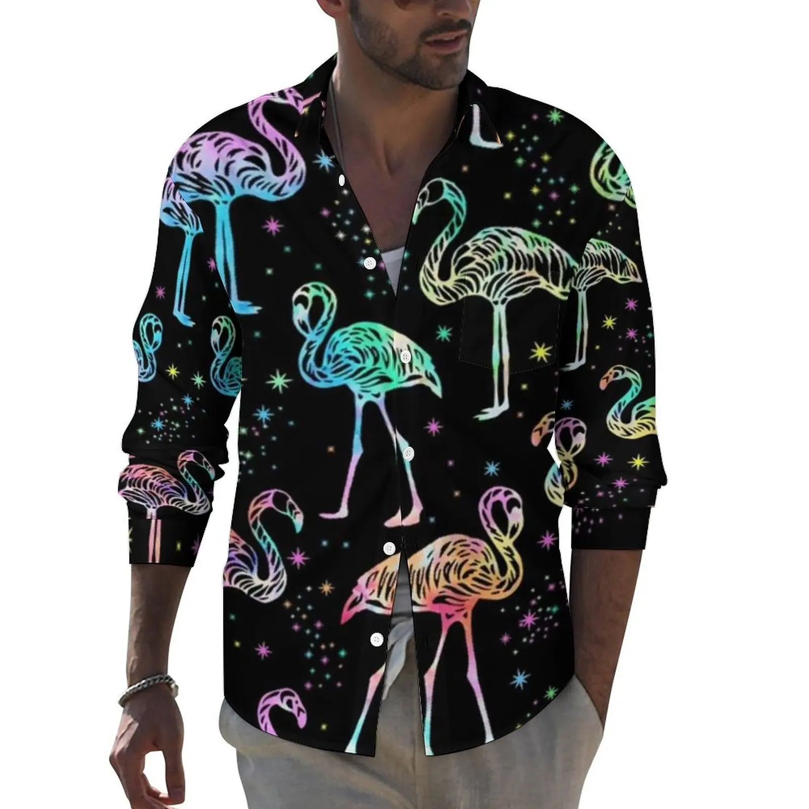 

Colorful Flamingo Funny Casual Shirt Male Funny Animal Print Shirt Spring Vintage Blouses Long Sleeve Custom Oversize Tops