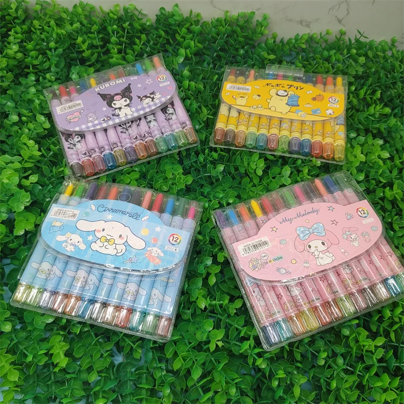 Kawaii Sanrio Hello Kitty Kuromi kreskówka urocza 12 kolorów obrotowa kredka studentka pióro do rysowania dziewczynka pióro Graffiti prezent dla