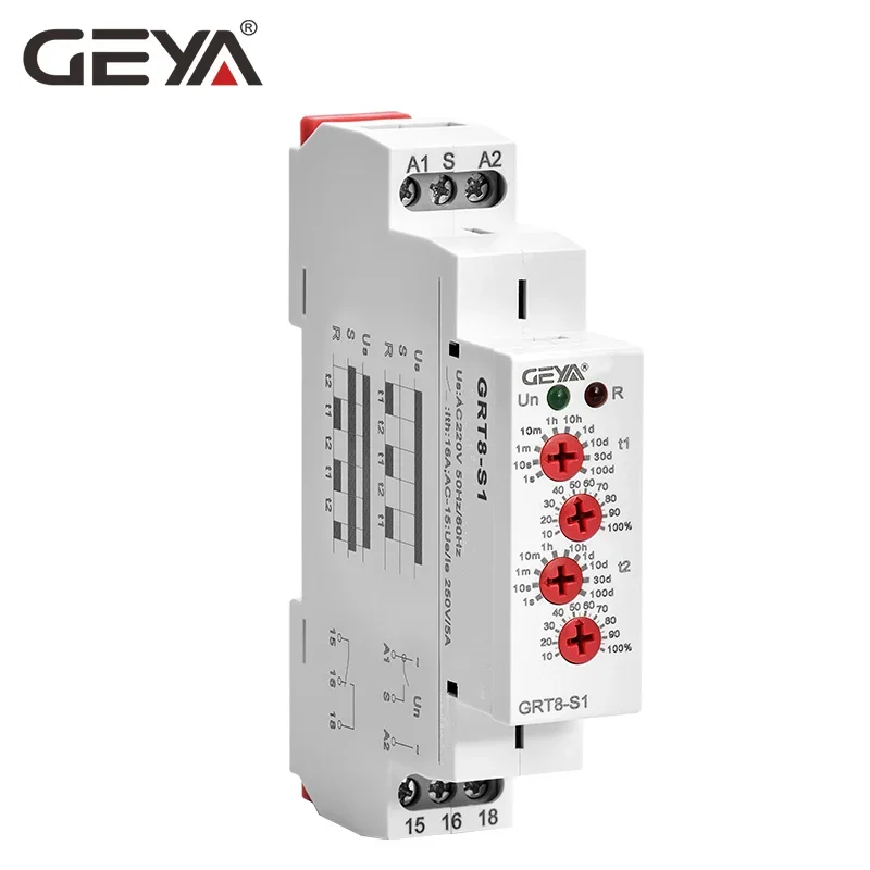 GRT8-S Asymmetric Cycle Timer Relay SPDT 220V 16A  AC/DC12V-240V Electronic Repeat Relay GEYA