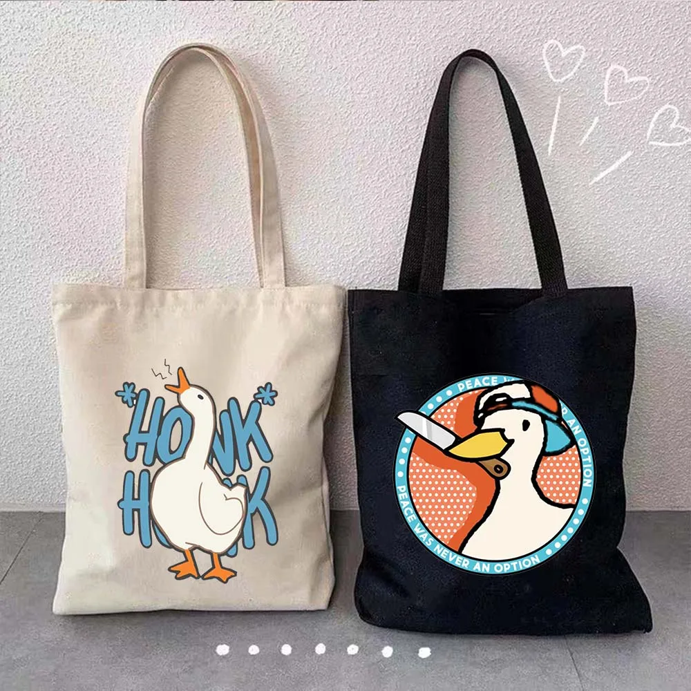 Funny Honk Untitled Goose Game Lovely Meme Duck Cute Cartoon Animal Shoulder Canvas Tote Bag Harajuku Shopping Shopper Handbags