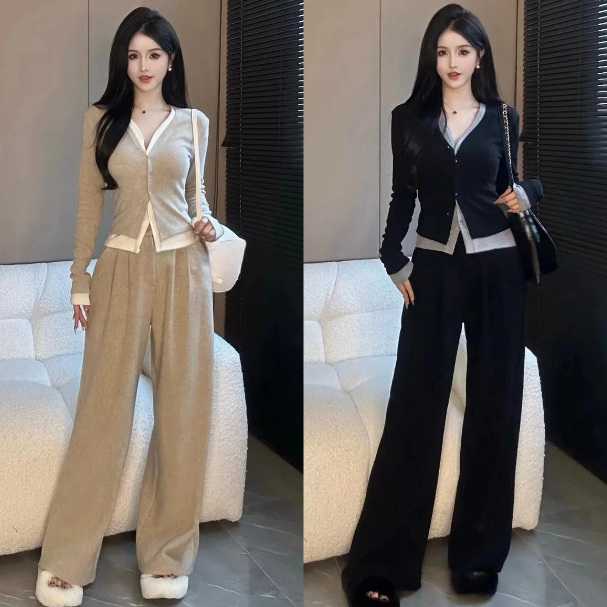 2024 Spring and Autumn plus size women's fashion casual solid color set, women's wide leg pants two-piece set, 100kg