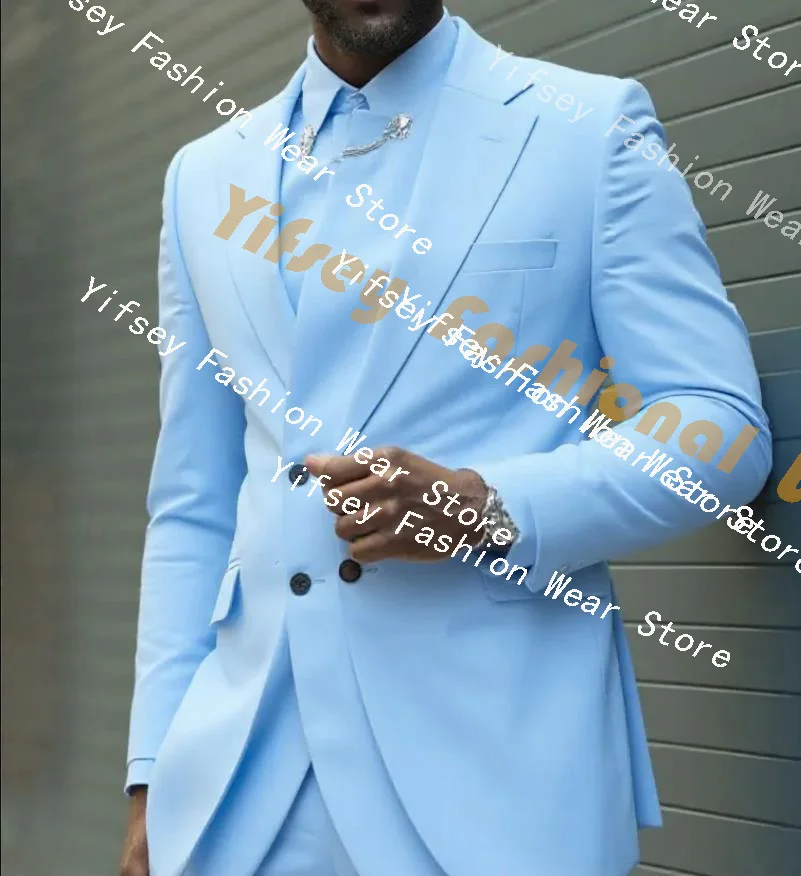 

Blue Double-Collar Design Social Men Suit Set Wedding Groom Custom Made Male 2pcs Jacket Pants Party Prom Blazer Trousers Outfit