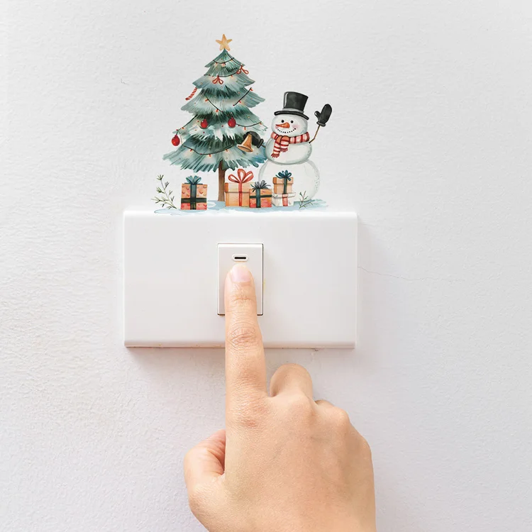 Cartoon Weihnachtsbaum Schneemann Schalteraufkleber Raumsteckdosen-Dekoration Wandbild Festliche Dekoration Selbstklebend für Neujahr Wanddekorationen – Detail 3