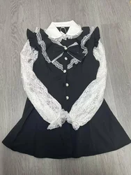 Preppy Style Sweet Kawaii Elegant Mini Dress Woman Bow Patchwork Lace Vintage Fake 2 Piece Dress Female Slim Design Chic Outfits