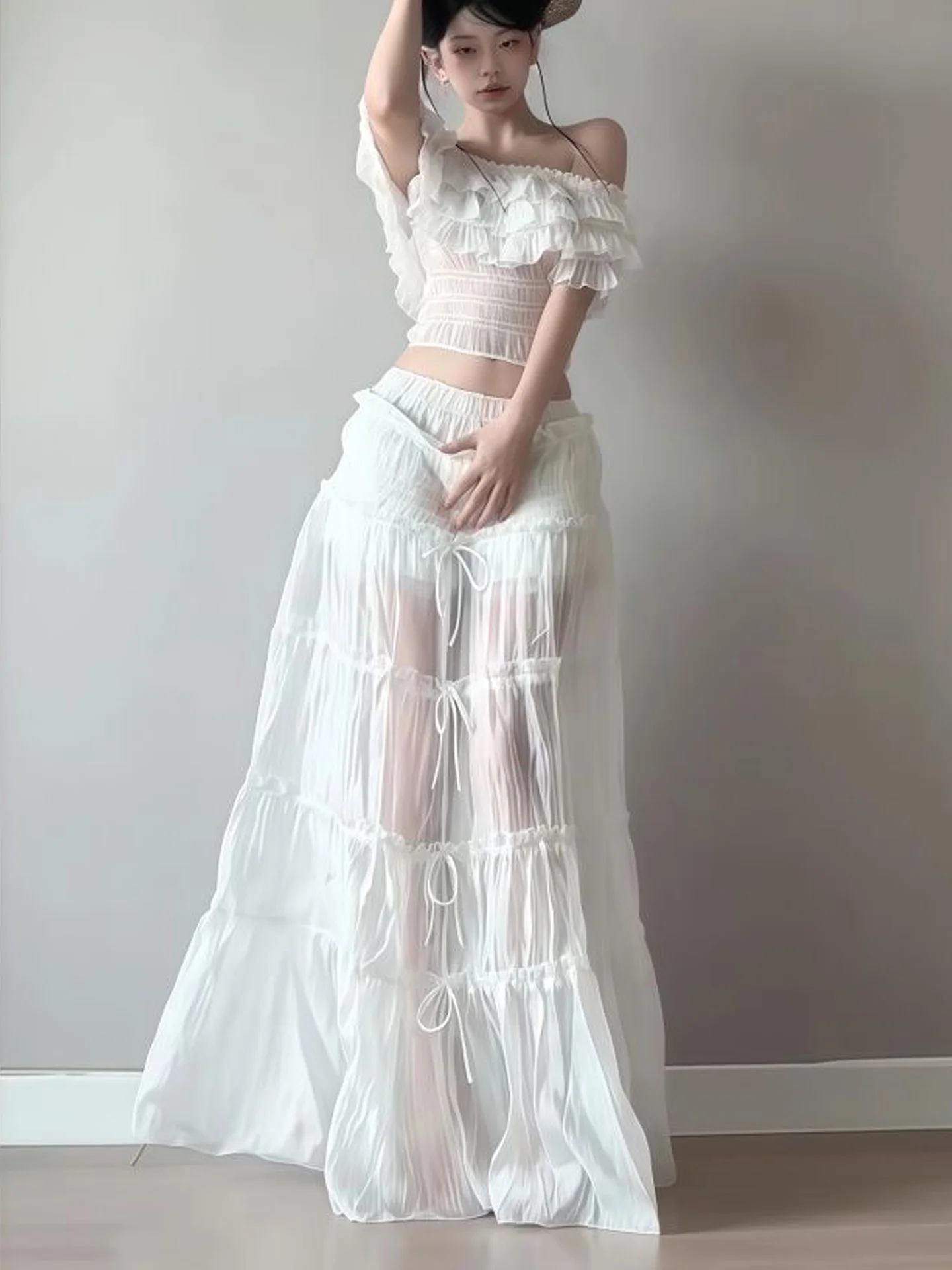 Sexy Half-length See-through Skirt And One-shoulder Top Set Korean Style High-waist A-line Cake Skirt for Casual Daily Wear