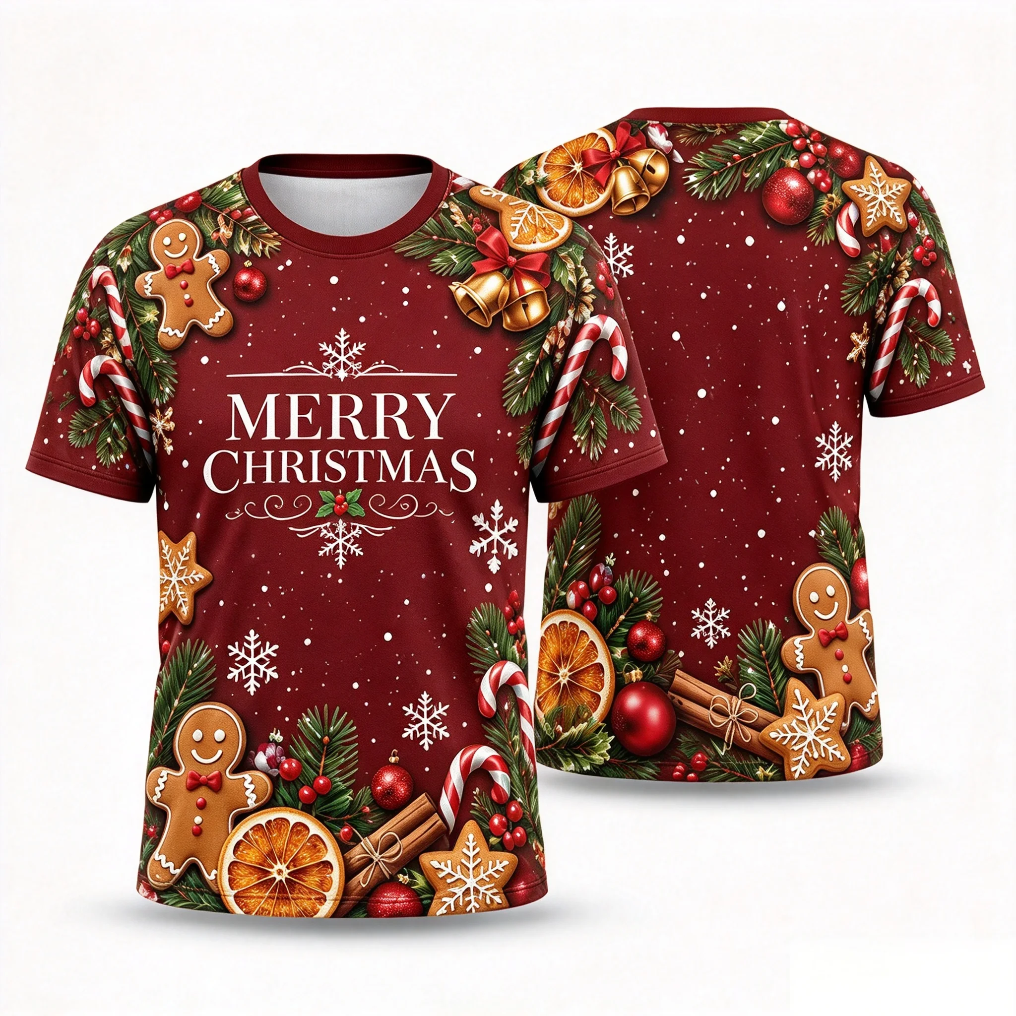 2026 Christmas Full Print Tshirt Unisex, Gingerbread Bell Snowflake Xmas Pattern Short Sleeve Shirt, Holiday Party Costume