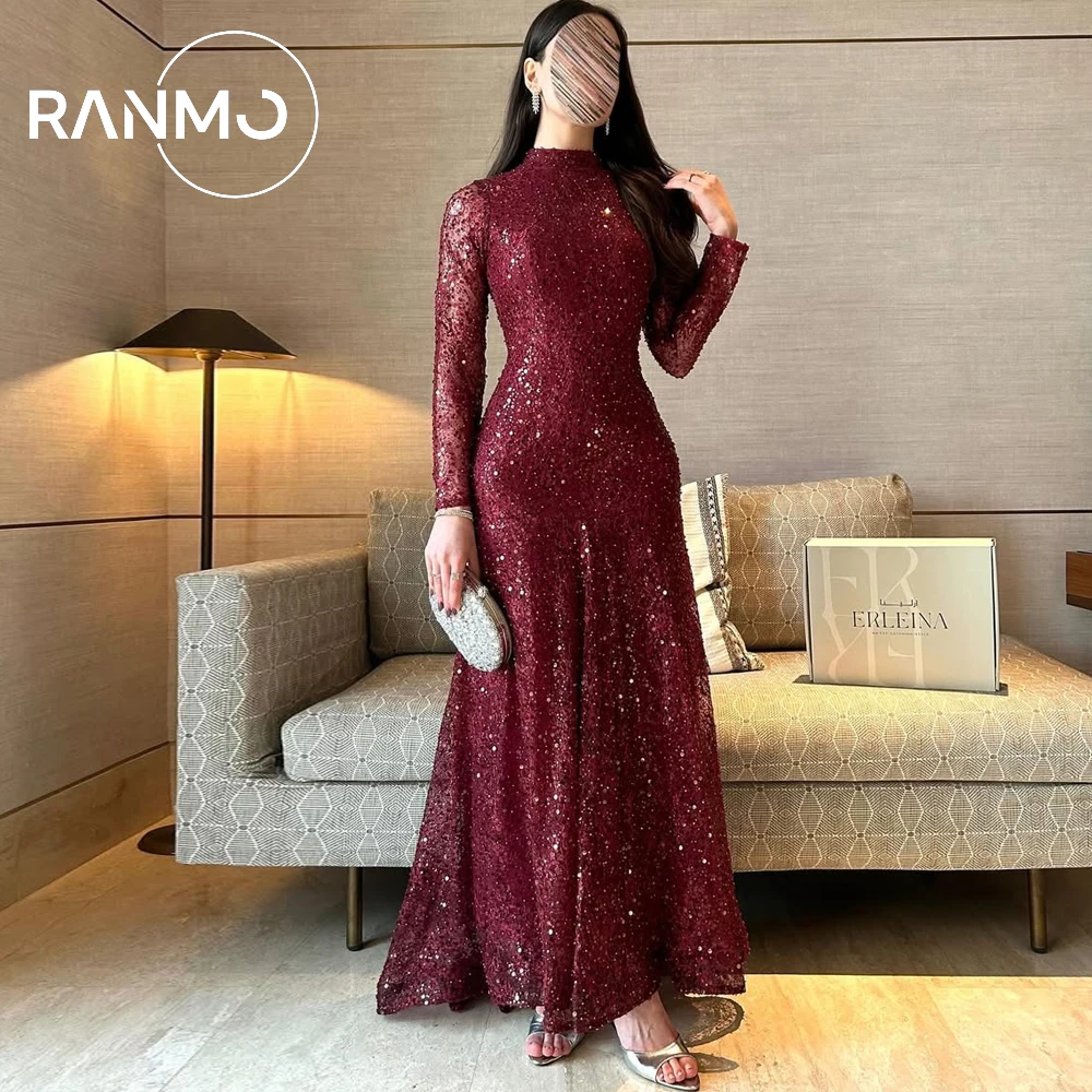 

Ranmo Burgundy Sparkly Lace A-line Evening Gown Long Sleeves High Neck Pleat Arabic فساتين سهرة Prom Gown Customized