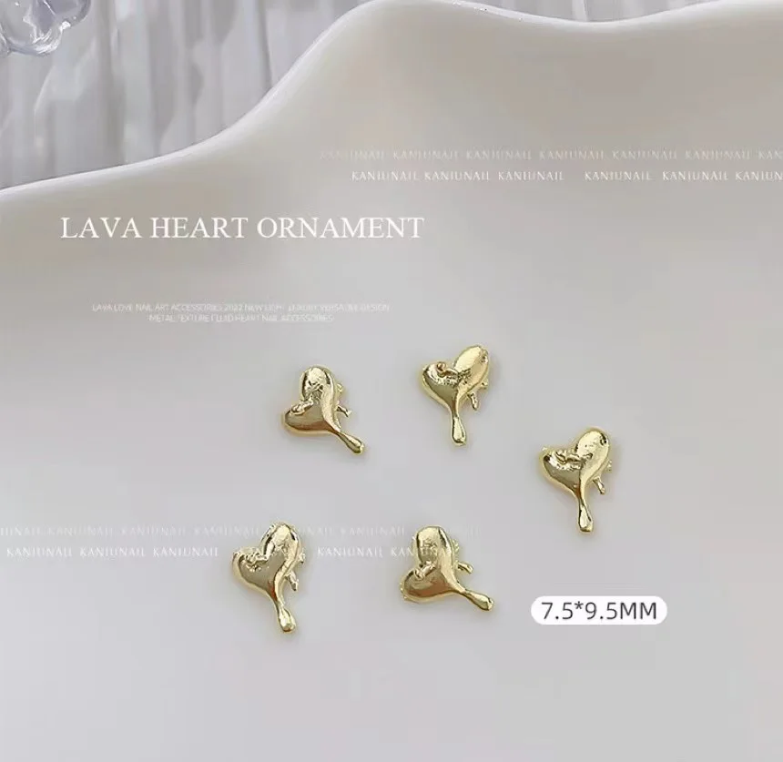 10Pcs Alloy Lava Design Nail Heart Parts Charm Metal Love Jewelry Water Drop on Heart Nails Accessories 3D Gold Silver Nails Dec