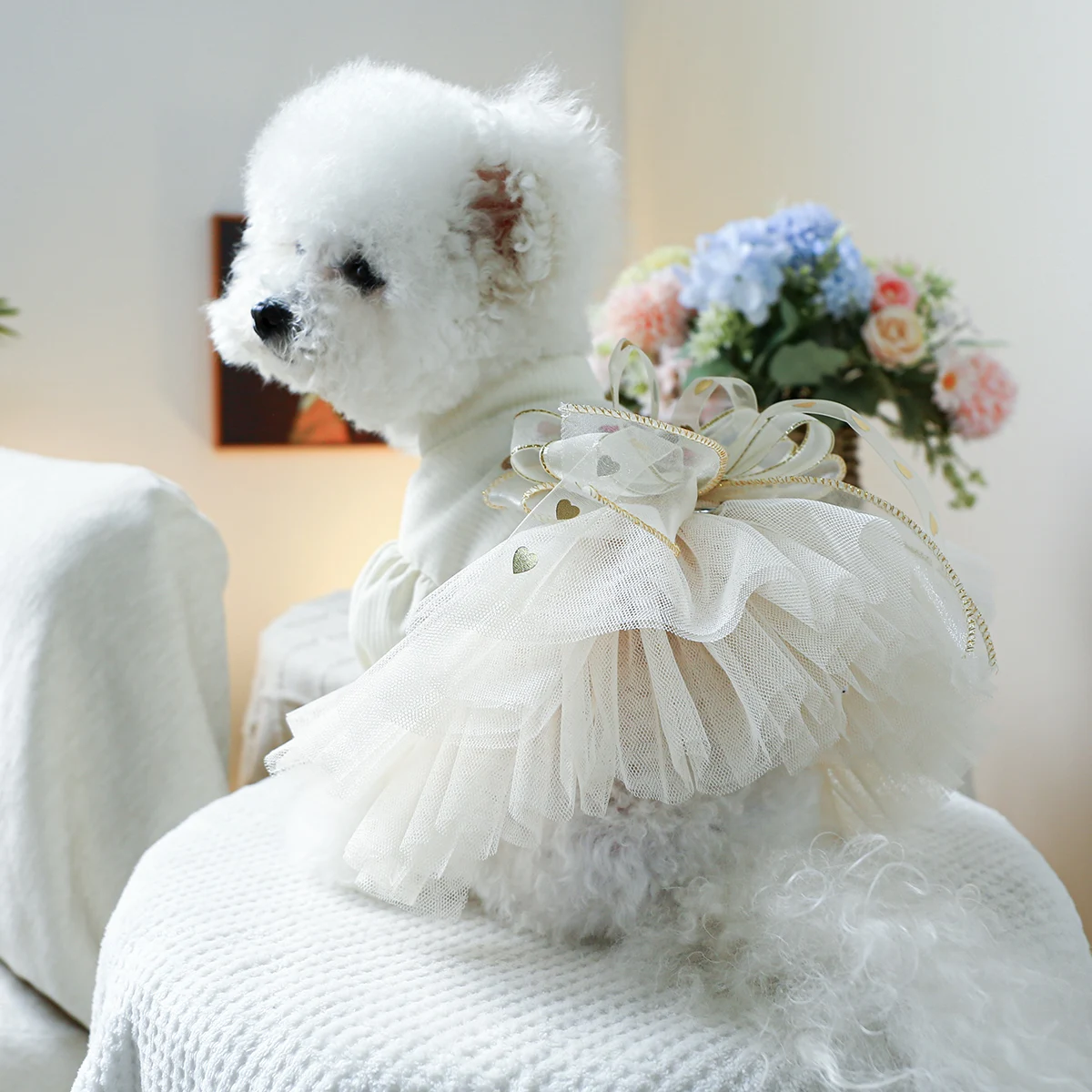 1PC Pet Clothing Spring and Autumn Beige Wedding Little Bear Princess Dress Suitable for Small and Medium sized Dogs