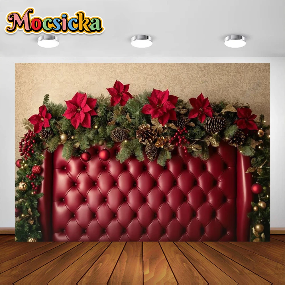 Mocsicka-写真の背景、クリスマスヘッドボード、子供と家族、子供と大人、クリスマスツリー、赤いカーテンの背景