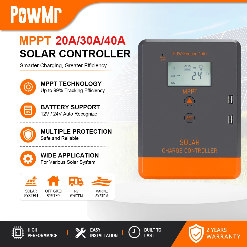 PowMr Bestseller MPPT 20A/30A/40A Solar-Laderegler Keeper Serie 12V 24V Auto PV-Regler Unterstützt LiFePO4 Lithium Gel Flüssigbatterie LCD-Display USB-Ausgang Solarpanel-Ladegerät für