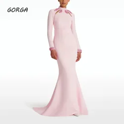 GORGA Pink High Neck Beading Mermaid 2024 Slim Crepe Long Sleeve Ocassion Gown Floor-Length Formal Evening Dress