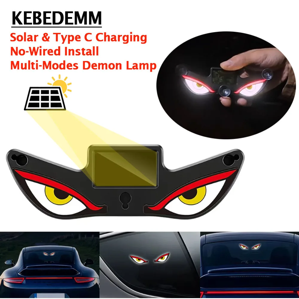 Solar Powered Demon Eye Lamp Car Window Devil Eyes Flash Light USB-C Charging Warning Light with Suction Cup For Rear Windshield