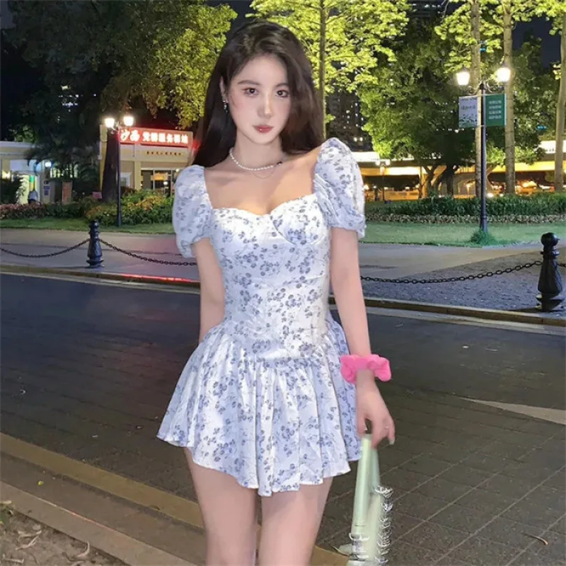 Fashion Sexy Camis Short Dress Women Puff Sleeve Silm Mini Dresses Casual Backless Floral Square Collar Shirt Print Y2k Clothes