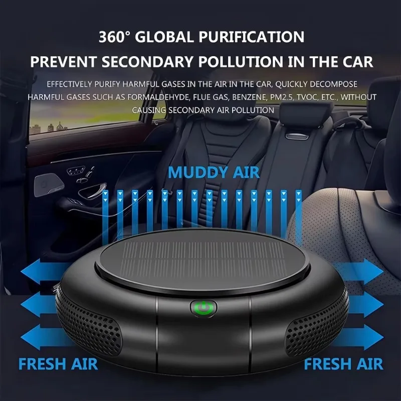 Smart Portable Solar USB Charging Electric Car Air Purifier with Ionizer Activated Carbon Filter Fragile Smoke