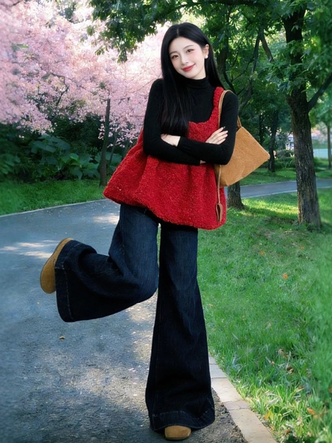 

Retro Gentle Red Two-Piece Set Base irt Comfortable Spring Faion Women's Ensemble High Waist Cotton Pants ort Sve