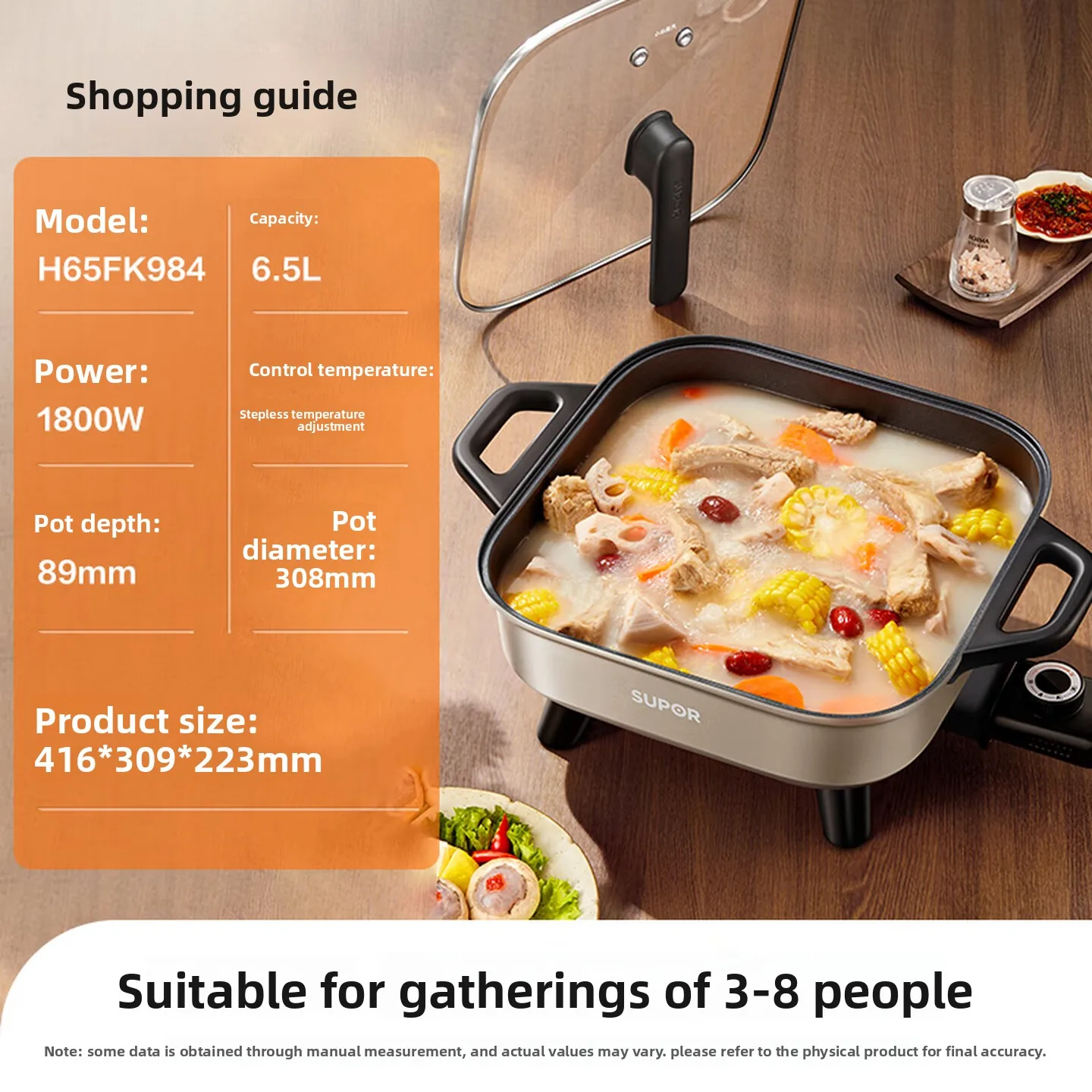 6.5L 1800W Electric Hot Pot, Fish Grill Cooking Pan with Dual-Ring Heating, Thickened Heat-Resistant Composite Base