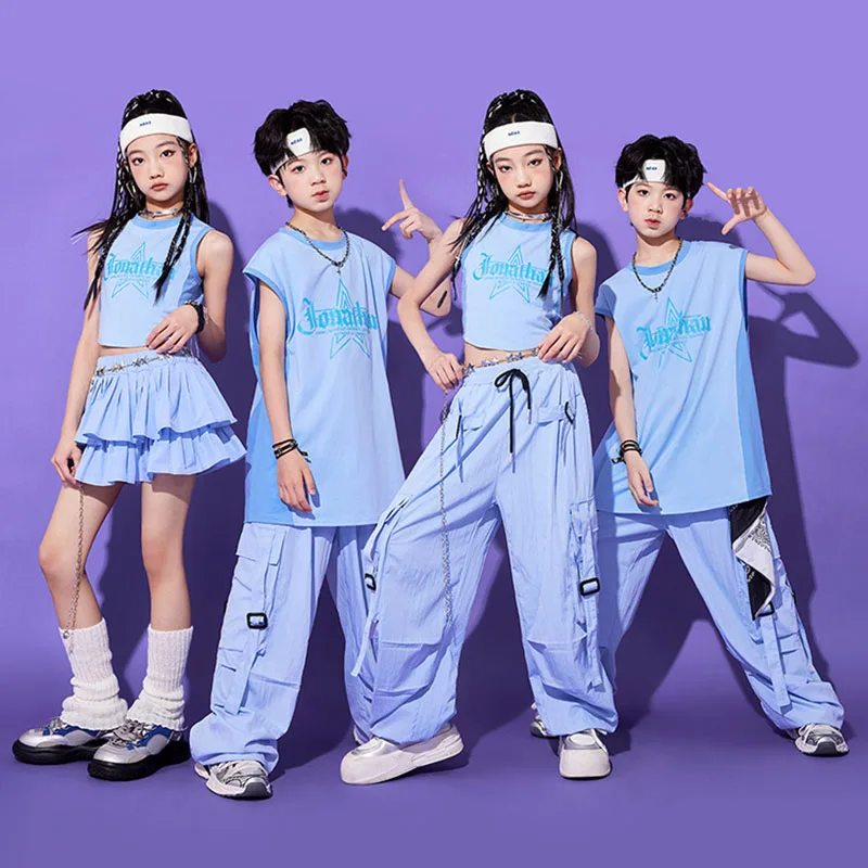 

Kid Kpop Hip Hop Clothing Blue Long Crop Tank Top Casual Parachute Cargo Pants Layered Pleated Skirt for Girl Boy Dance Costumes