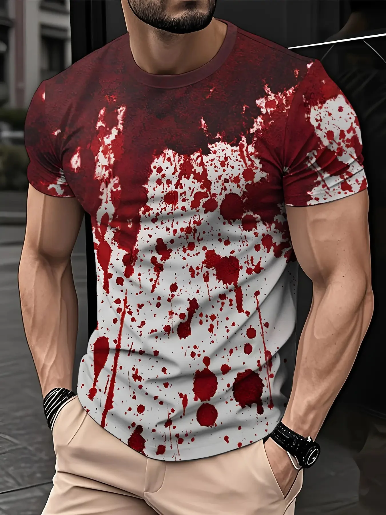 

1pc Men's Horror Blood Splatter Regular Fit T-Shirt Round Neck Halloween Theme And Party Essentials The Best Gift For Friends