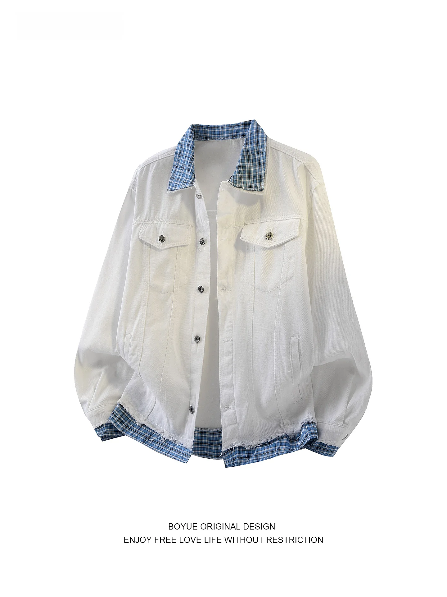 

Джинсовая куртка Boyue в клетку с двойным воротником, мужская и женская, комбинированная, на весну-осень-зиму, с прямым подолом, на пуговицах