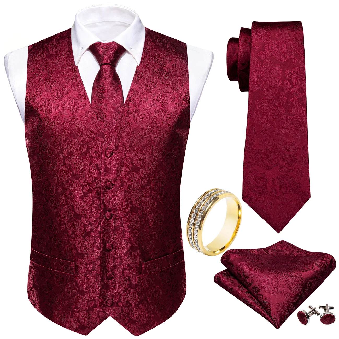 Mens Grooming Kit For Wedding - Burgunderrotes Paisley-Accessoire-Set mit V-Ausschnitt-Weste, Krawatte, Einstecktuch,