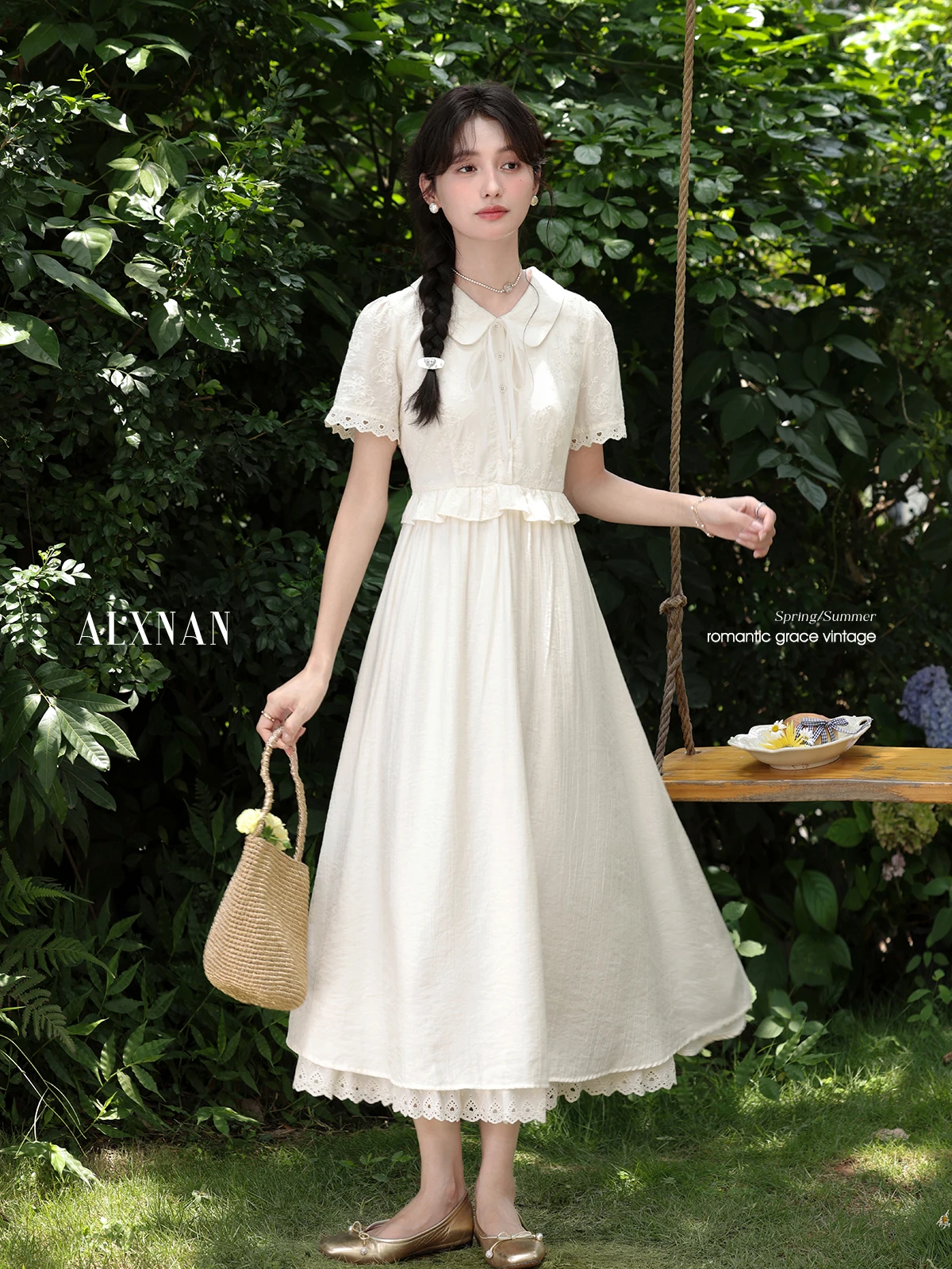 

ALXNAN Women's White Dress Elegant Fake Two-piece Long Holiday Dress 2025 Summer Casual Cotton Party Female Clothing DYL661871
