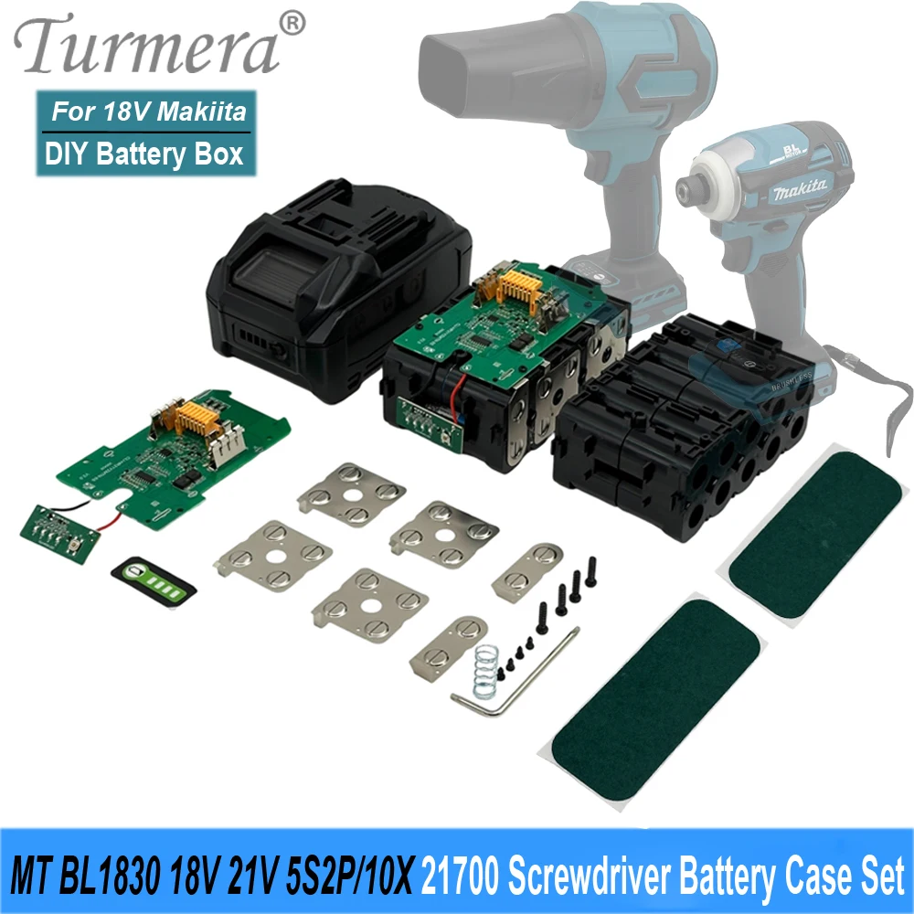 Turmera DIY 18V 21V Power Drill Screwdriver Box  For Makiita 10 Cells 5S2P 21700 Battery Case with Displayer 5S 50A Max.100A BMS