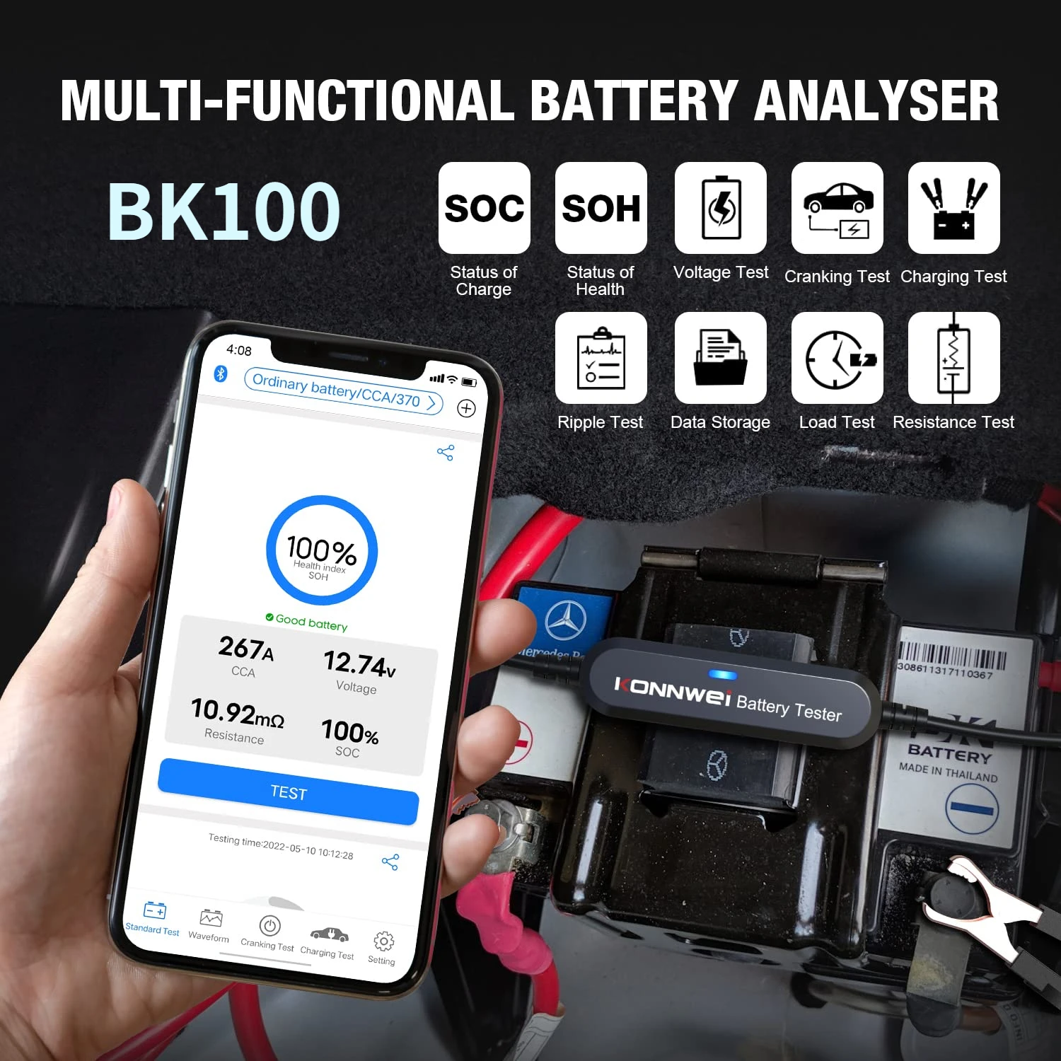 

KONNWEI 6V-12V Car Battery Tester BK100 Bluetooth 5.0 Battery Analyzer ELM327 Battery Testing Tools Auto Battery Capacity Tester