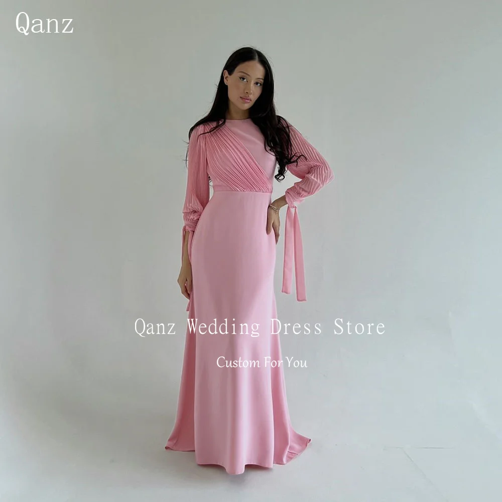 

Qanz Elegant Long Sleeves Dubai Evening Dresses Pink One Neck Floor Length Vestidos Para Eventos Especiales Prom Dresses 2024