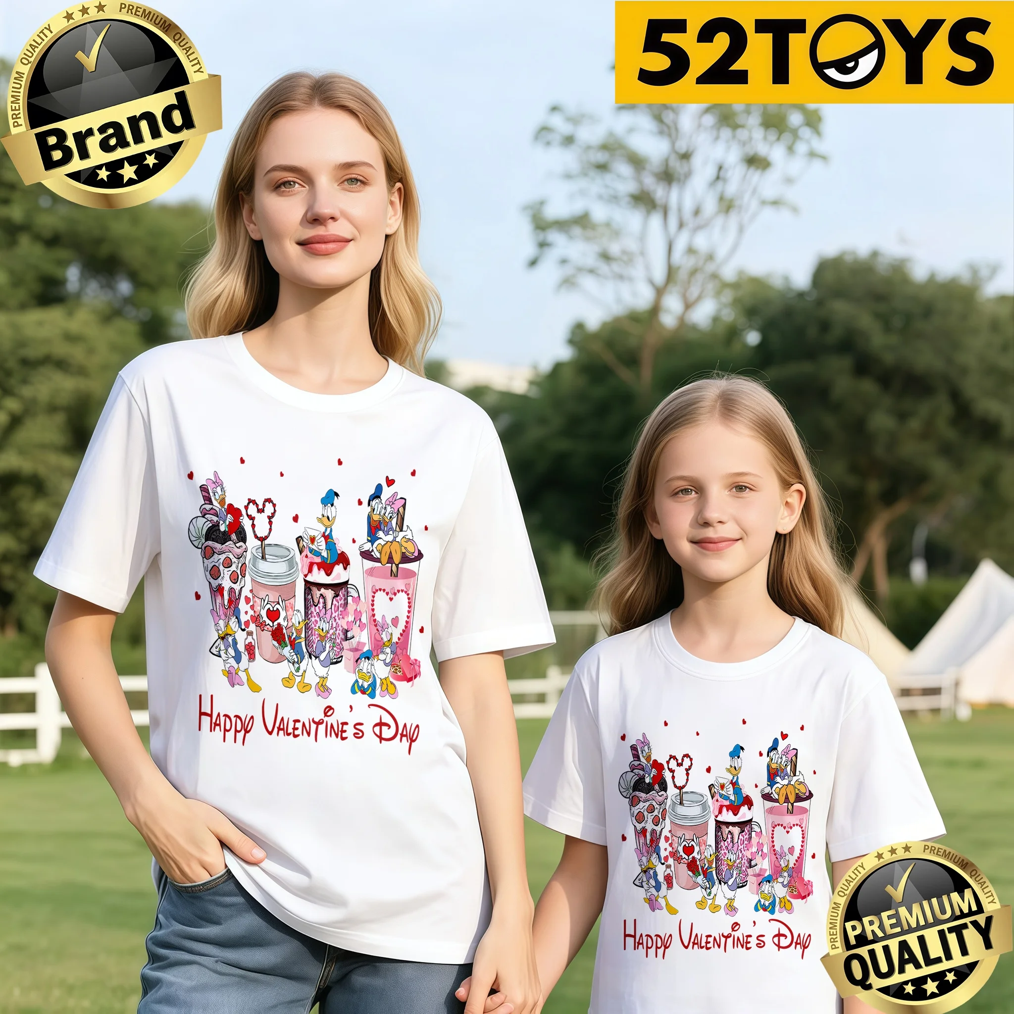 

2026 Summer Kids' Clothing T-Shirt, Disney Character "Happy Valentine's Day" Dessert Heart Pattern Casual Top (single Piece)